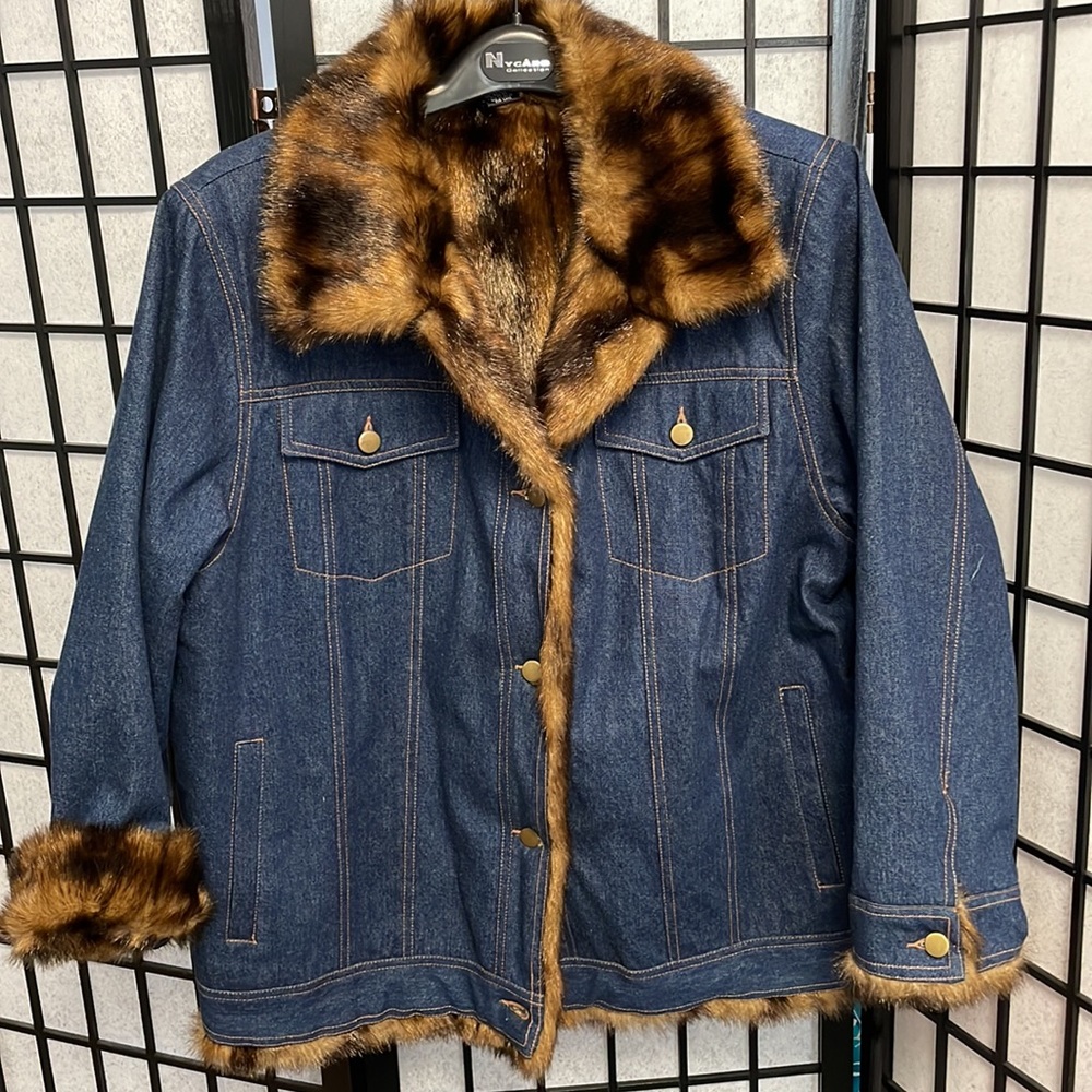 Vintage Regal Dark Wash Jean Jacket w Faux Mink Lining, SZ XL NWOT - Picture 1 of 9